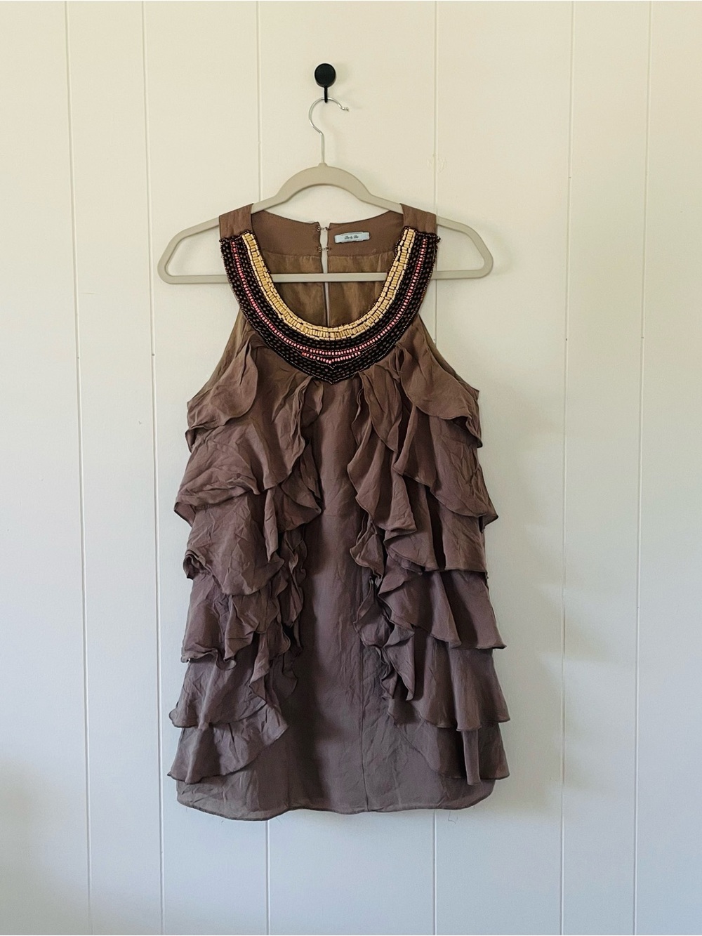 DO+BE Taupe Ruffle Shift Dress with Beaded Neck